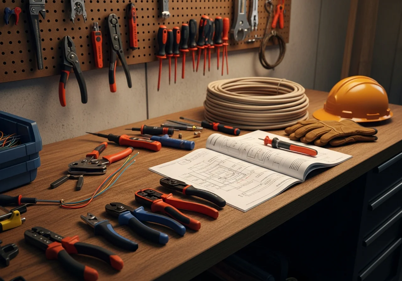 Electrician tools and equipment on a work surface, representing professional electrical service readiness.