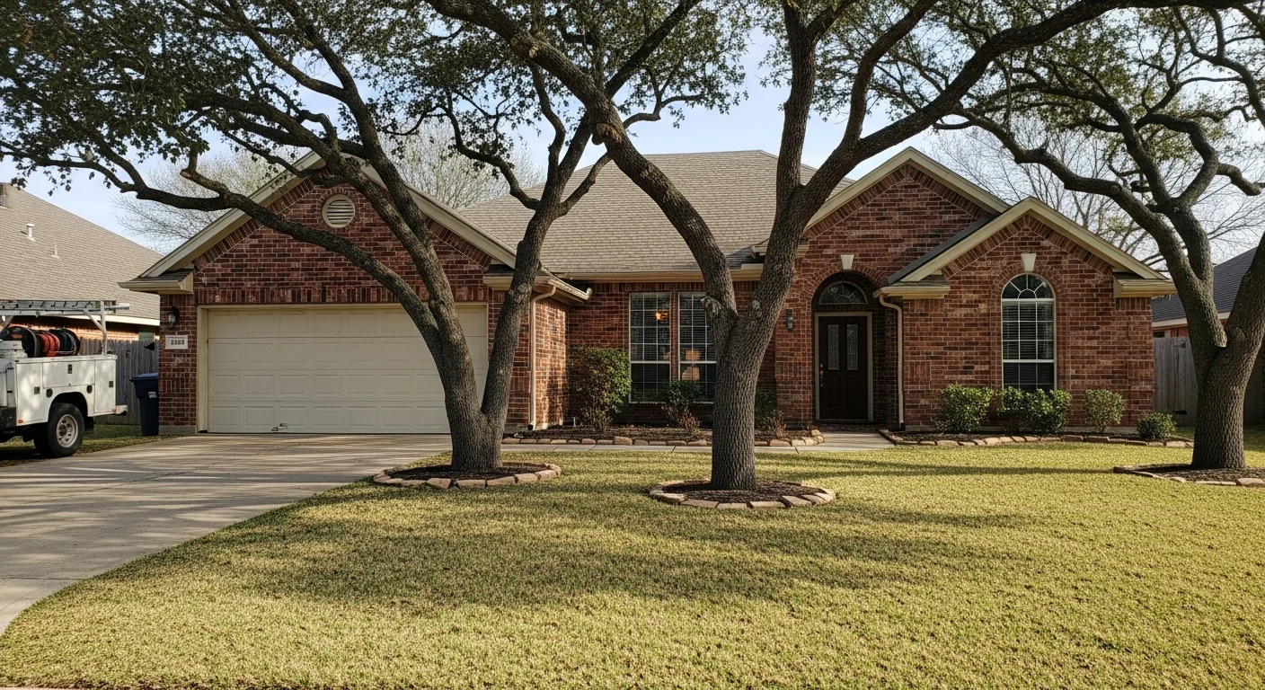 Residential home in Bullard, TX with manicured lawn and driveway in afternoon light.