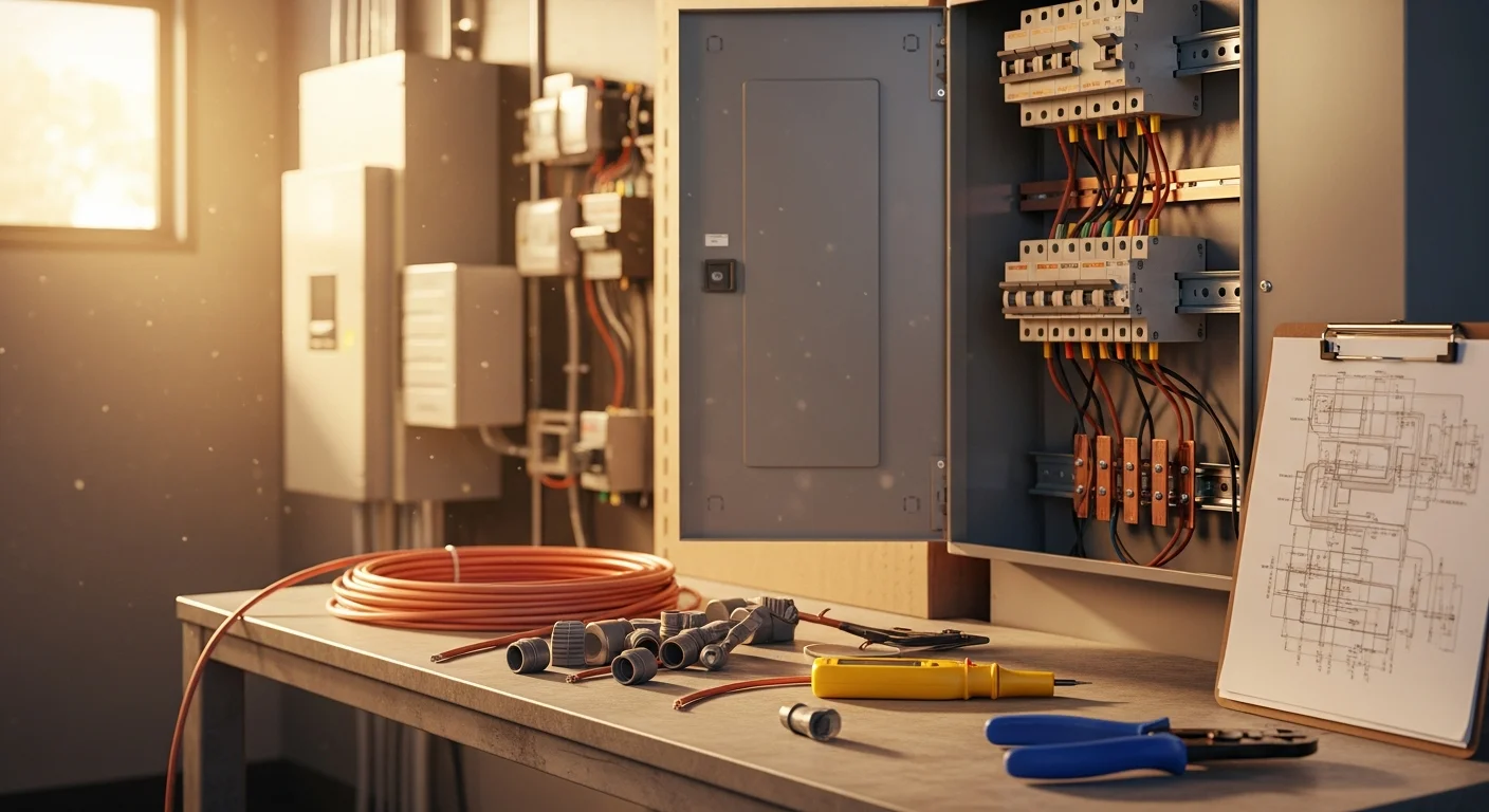 A licensed electrician from Integrity Electric LLC inspecting a commercial electrical panel inside a business in Bullard, TX. The panel shows labeled circuit breakers and organized wiring typical of a commercial service upgrade.