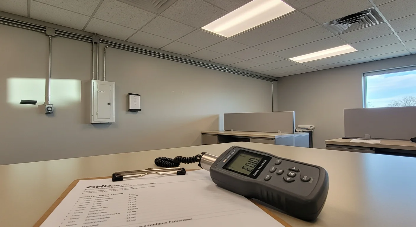 Interior of a commercial office space in Bullard, TX with a completed overhead lighting installation showing evenly distributed fixtures across a drop-ceiling grid. An electrician from Integrity Electric LLC reviews the lighting control panel mounted near the entrance.