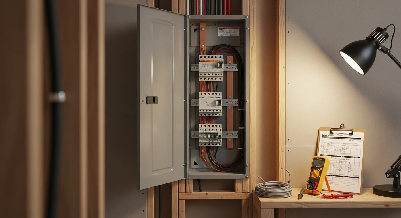 A licensed electrician from Integrity Electric LLC inspecting a residential electrical panel inside a Bullard, TX home. The panel box is open, showing organized circuit breakers ready for an upgrade.