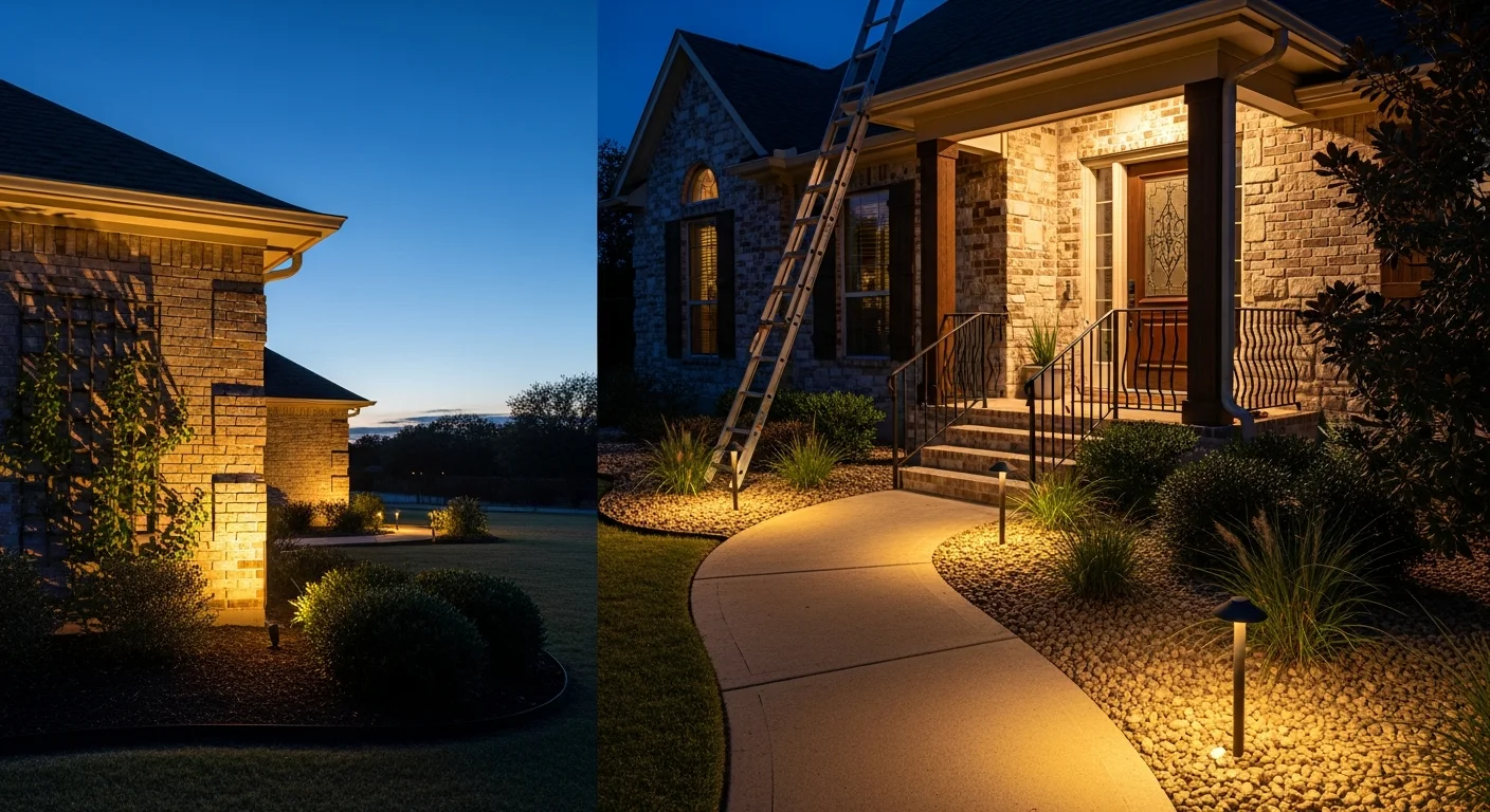 Exterior lighting installed along the front walkway and entry of a brick ranch-style home in Bullard, TX, with low-voltage path lights illuminating the yard after dark. Soffit-mounted fixtures cast even light across the driveway and front facade of the single-family home.