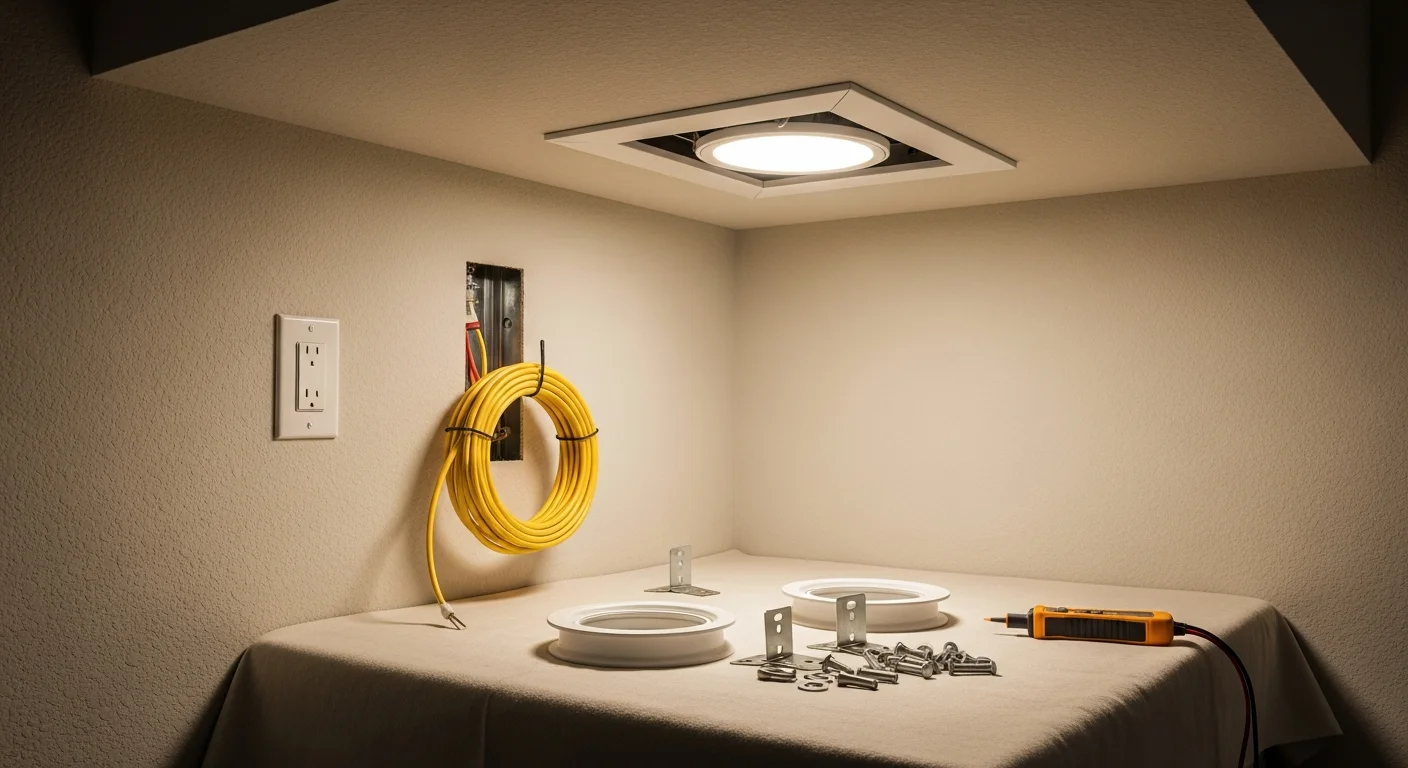 A licensed electrician from Integrity Electric LLC installing recessed lighting in the living room of a custom home in Bullard, TX. The ceiling shows clean, evenly spaced fixtures with no visible drywall damage.