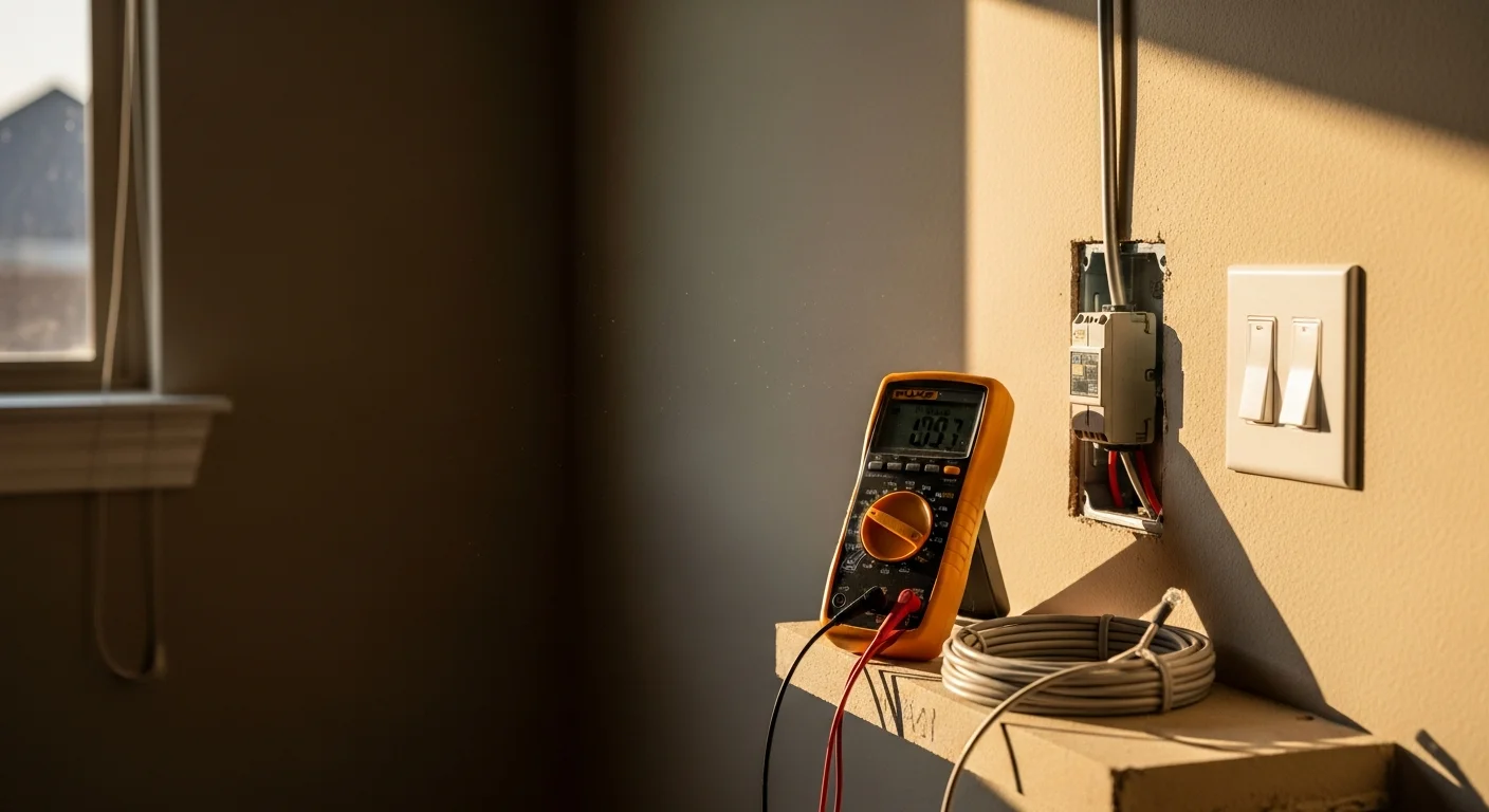 A licensed electrician from Integrity Electric LLC wiring a smart lighting control keypad inside a residential home in Bullard, TX. Finished installation shows clean wall-mounted controls with recessed lights illuminated in the background.