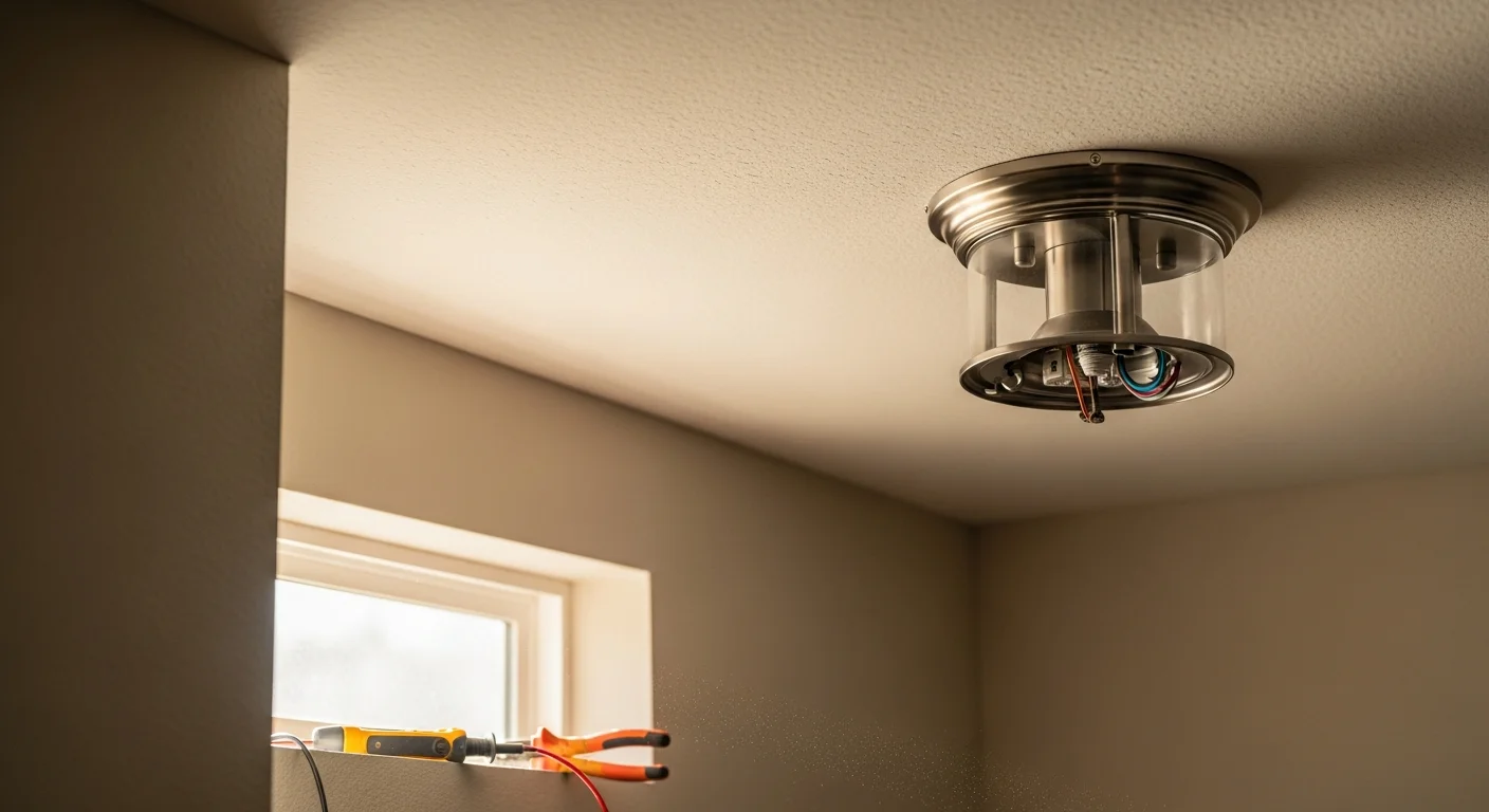 A licensed electrician from Integrity Electric LLC installing a new ceiling light fixture in a single-family home in Bullard, TX. The old fixture has been removed and the electrician is connecting wiring at the junction box in the ceiling.