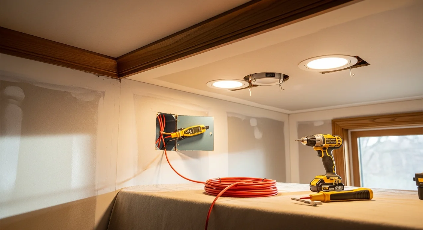 A licensed electrician from Integrity Electric LLC installing a recessed ceiling light fixture in a single-family home in Bullard, TX. The finished installation shows clean trim rings flush with the ceiling in a residential living room.