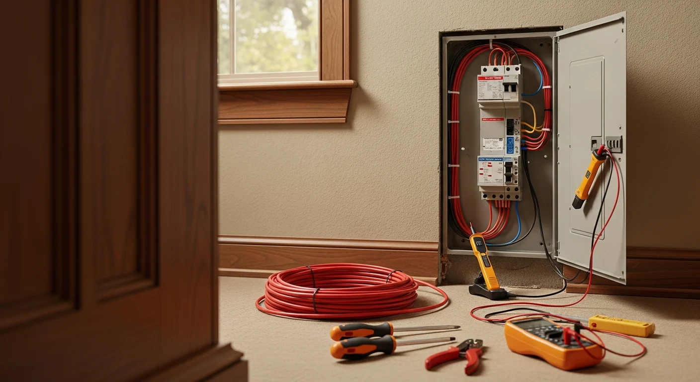 A licensed electrician from Integrity Electric LLC inspecting a residential electrical panel inside a Bullard, TX home. The panel cover is open, showing organized circuit breakers in a single-family residence.
