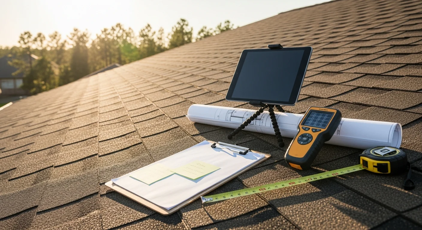 A solar energy contractor from Integrity Electric LLC reviewing roof layout and sun exposure at a single-family home in Bullard, TX during an on-site solar consultation. The image shows the contractor assessing panel placement on a residential rooftop under clear East Texas skies.