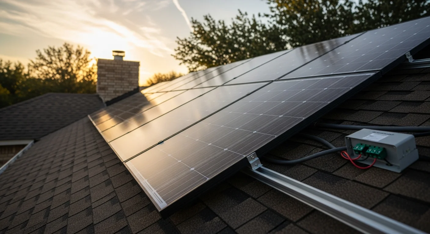 Rooftop solar panels installed on a brick ranch-style home in Bullard, TX, with panels mounted flush to a gabled roof under a clear East Texas sky. The residential street and tree-lined yard are visible in the background.
