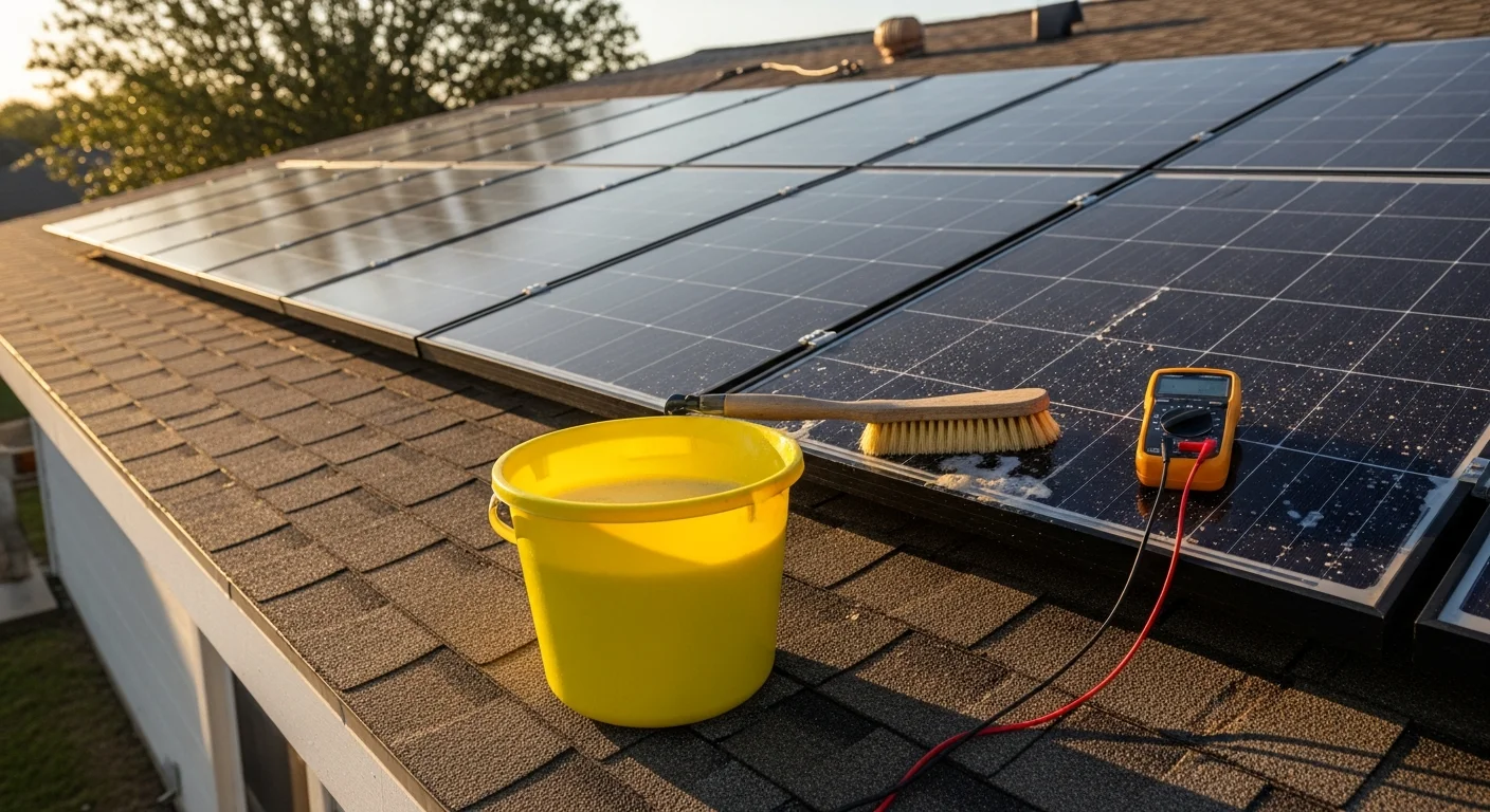 A licensed Integrity Electric LLC technician inspecting rooftop solar panels on a residential home in Bullard, TX. Panels are clean and mounted on a pitched roof under clear East Texas sky.