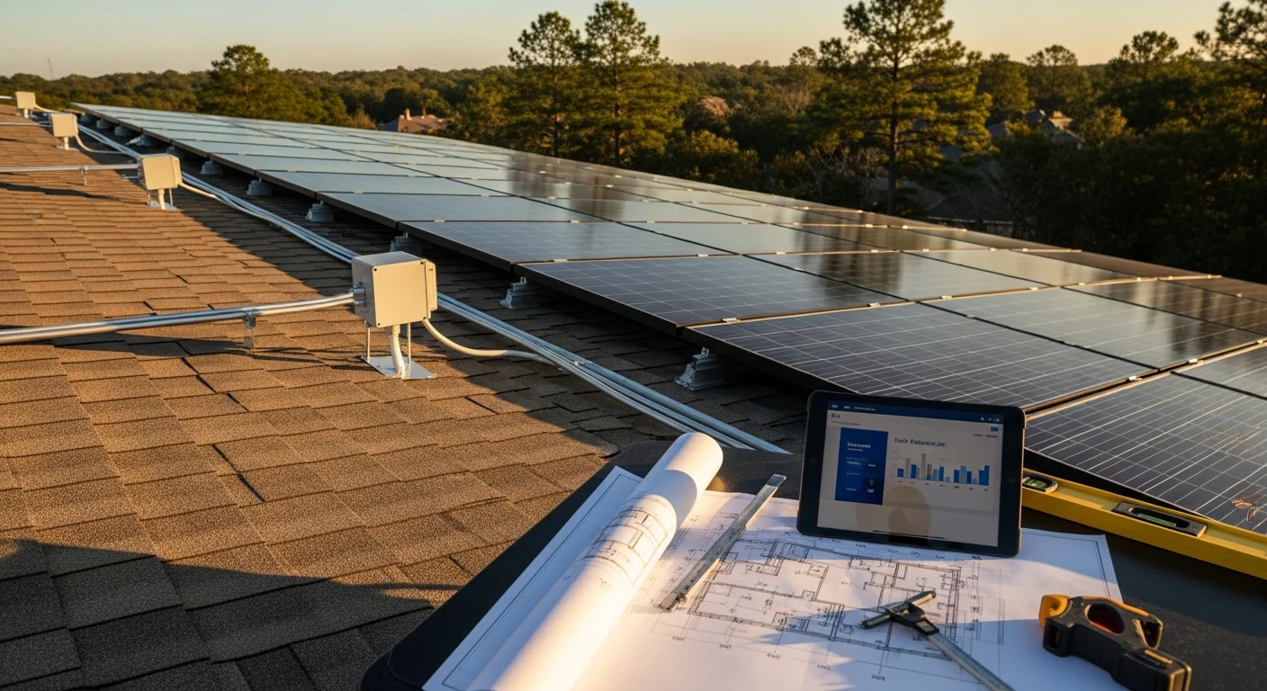 A residential rooftop solar panel layout diagram displayed on a drafting table, showing panel placement and electrical schematic for a single-family home in Bullard, TX. A licensed electrician reviews the design plan set with site photos of the home's south-facing roof in the background.
