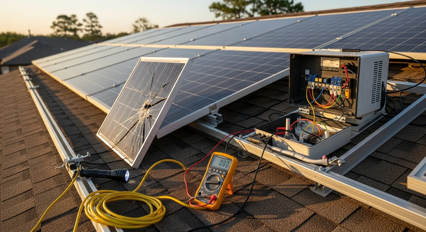 A licensed electrician from Integrity Electric LLC inspecting solar panels and wiring connections on a residential rooftop in Bullard, TX. The image shows a close-up of panel mounting hardware and an inverter being tested after storm damage.
